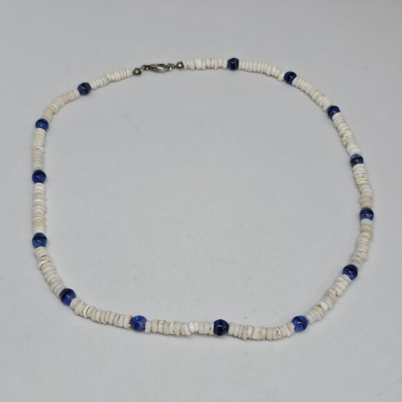 Real White Puka Shell Blue Glass Bead Necklace Surfer Choker 18" Surf Boho - Picture 4 of 9